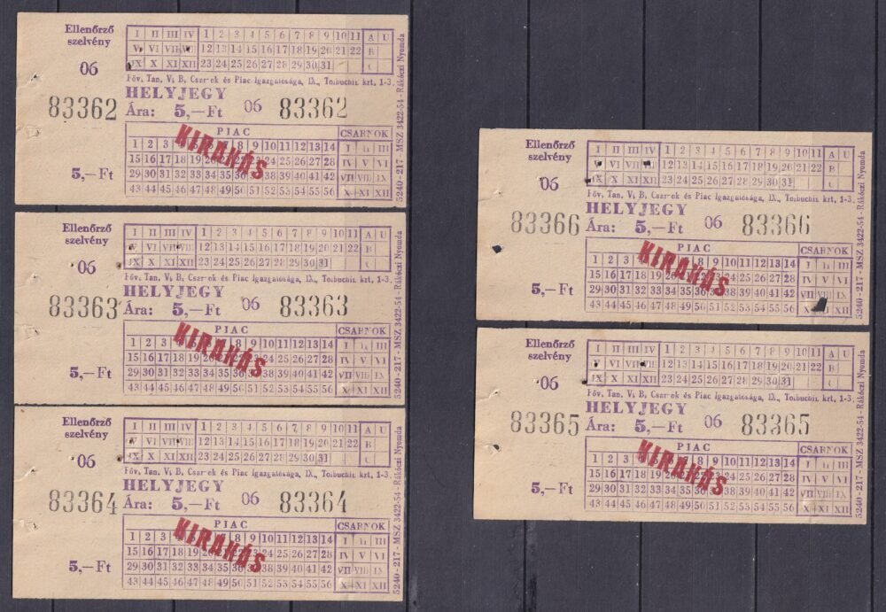 Nagycsarnok (Vámház körúti Vásárcsarnok) 5 db sorszámkövető helyjegy - 1980-as évekből