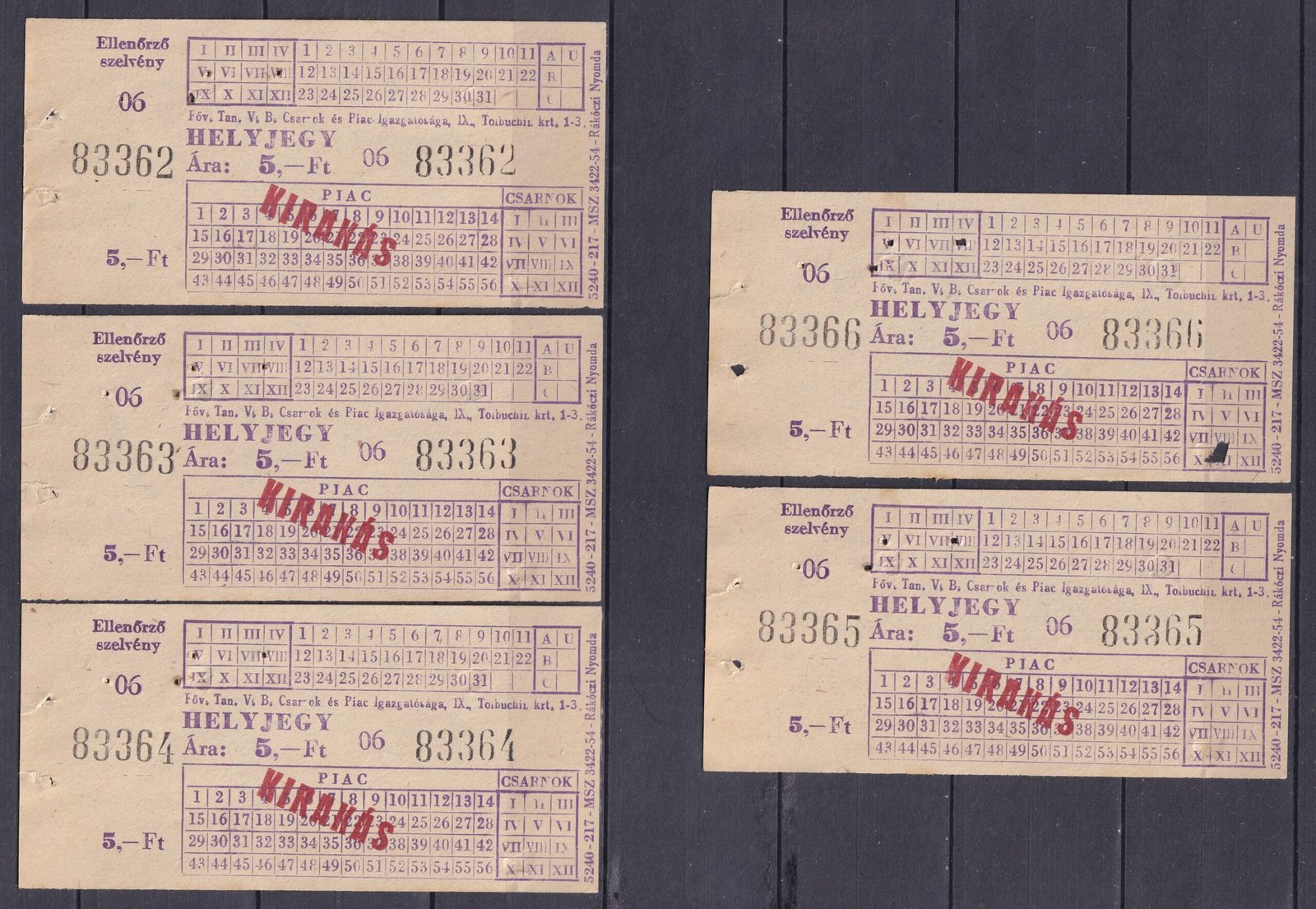 IMG_20251024_0019 Nagycsarnok (Vámház körúti Vásárcsarnok) 5 db sorszámkövető helyjegy - 1980-as évekből