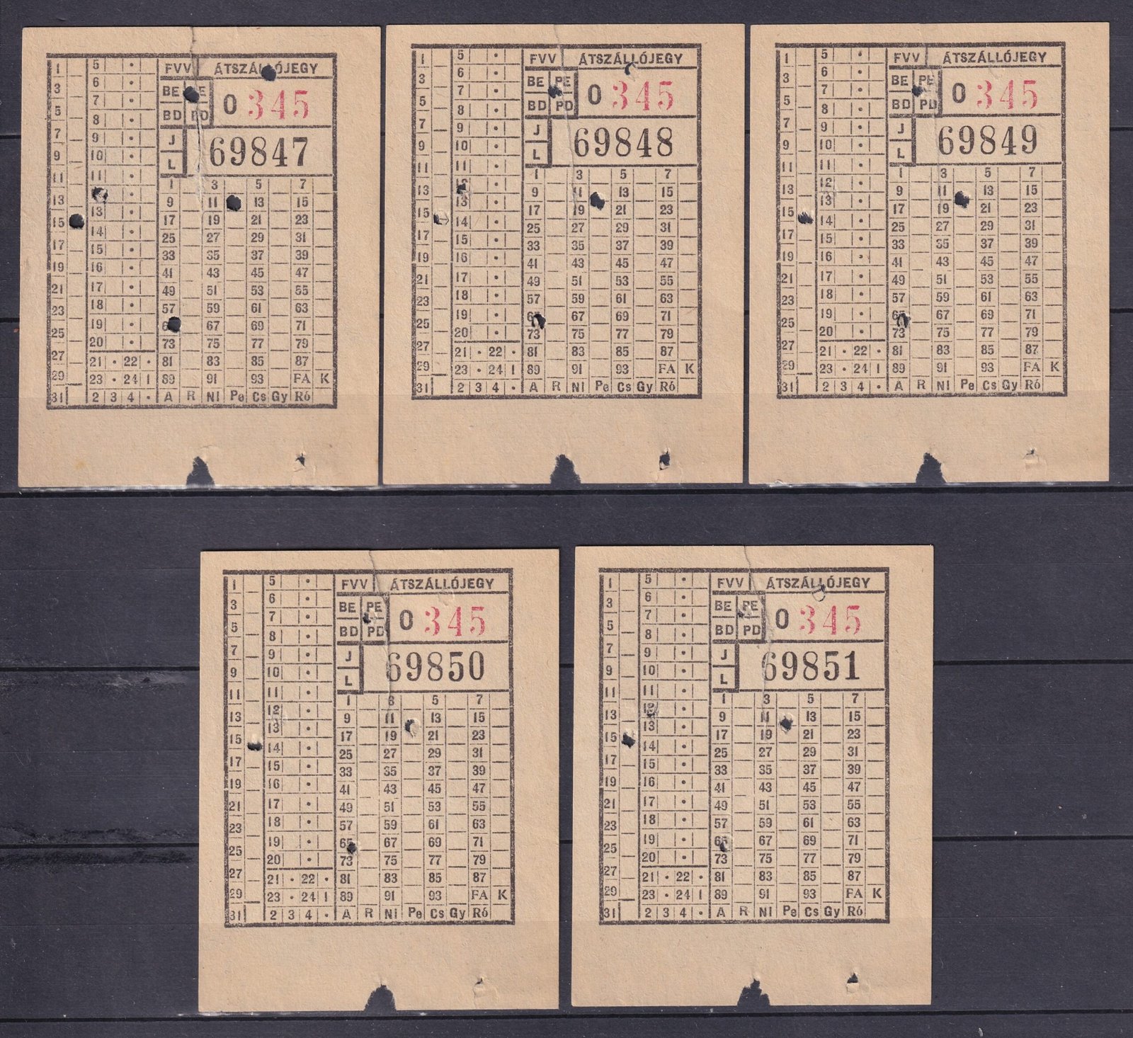 5db FVV használt sorszámkövető átszallójegy