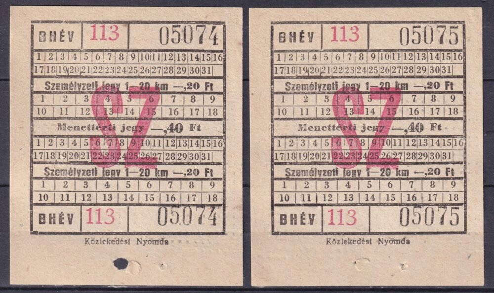 BHÉV - 2db sorszámkövető használatlan - Személyzeti jegy 1-20 km