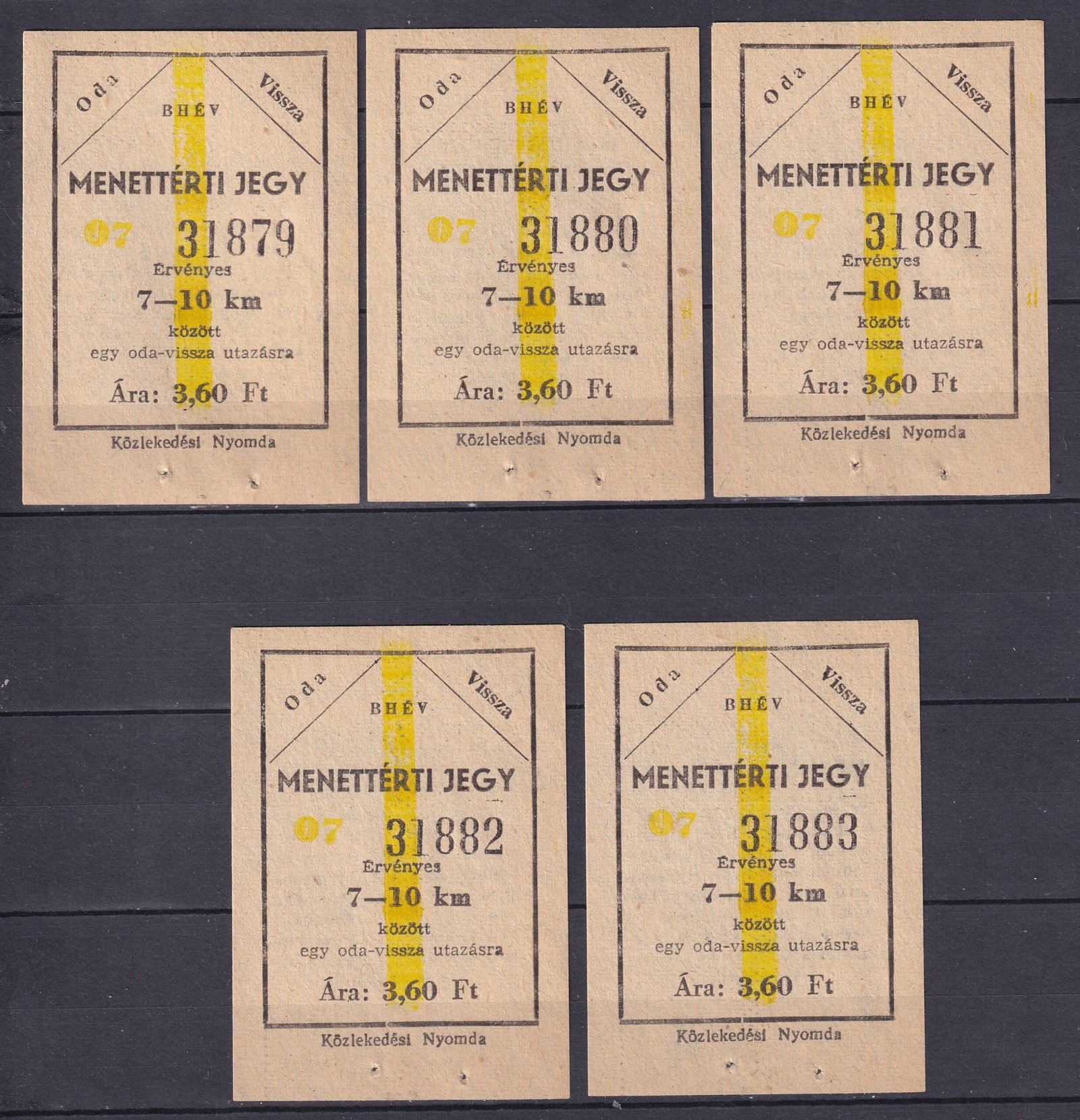 BHÉV 5 db - sorszámkövető használatlan - Menettérti jegy 7-10 km