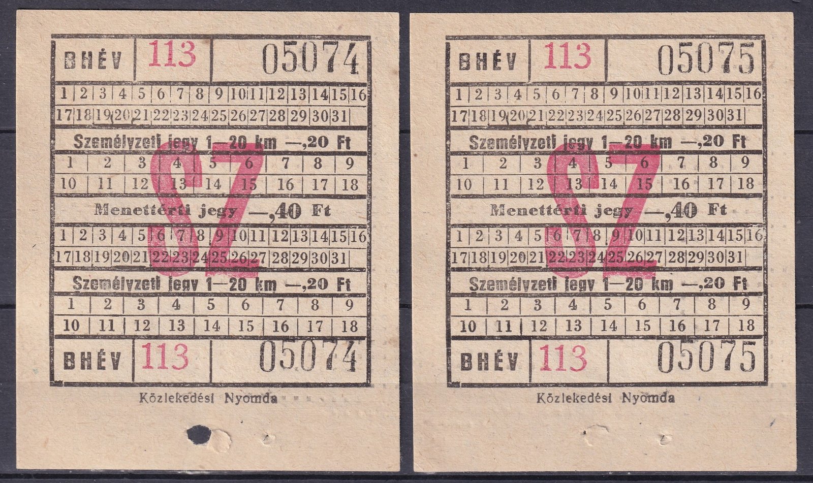 BHÉV - 2db sorszámkövető használatlan - Személyzeti jegy 1-20 km