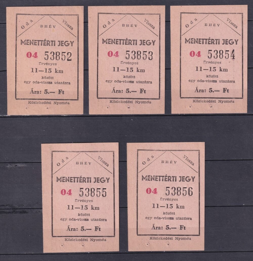 BHÉV 5 db – sorszámkövető használatlan – Menettérti jegy 11-15 km