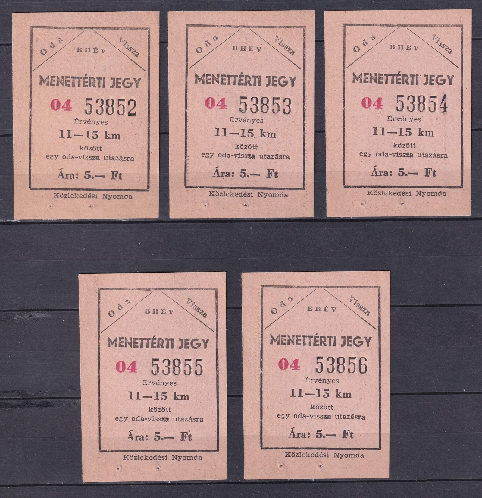 BHÉV 5 db – sorszámkövető használatlan – Menettérti jegy 11-15 km