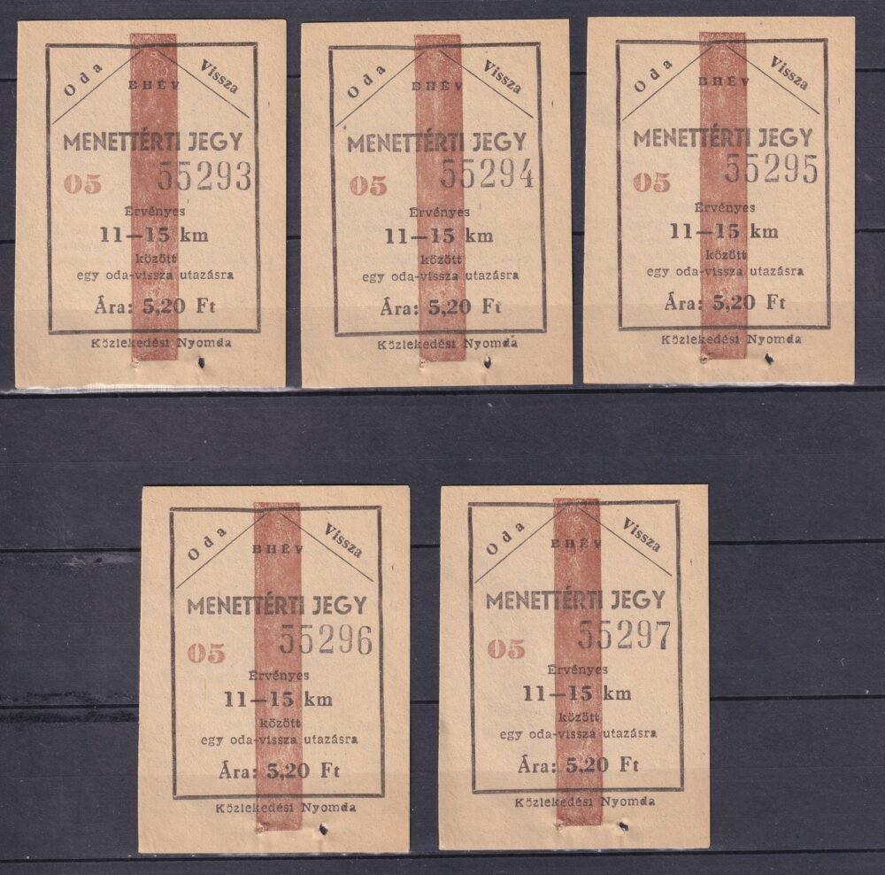 BHÉV 5 db – sorszámkövető használatlan – Menettérti jegy 11-15 km