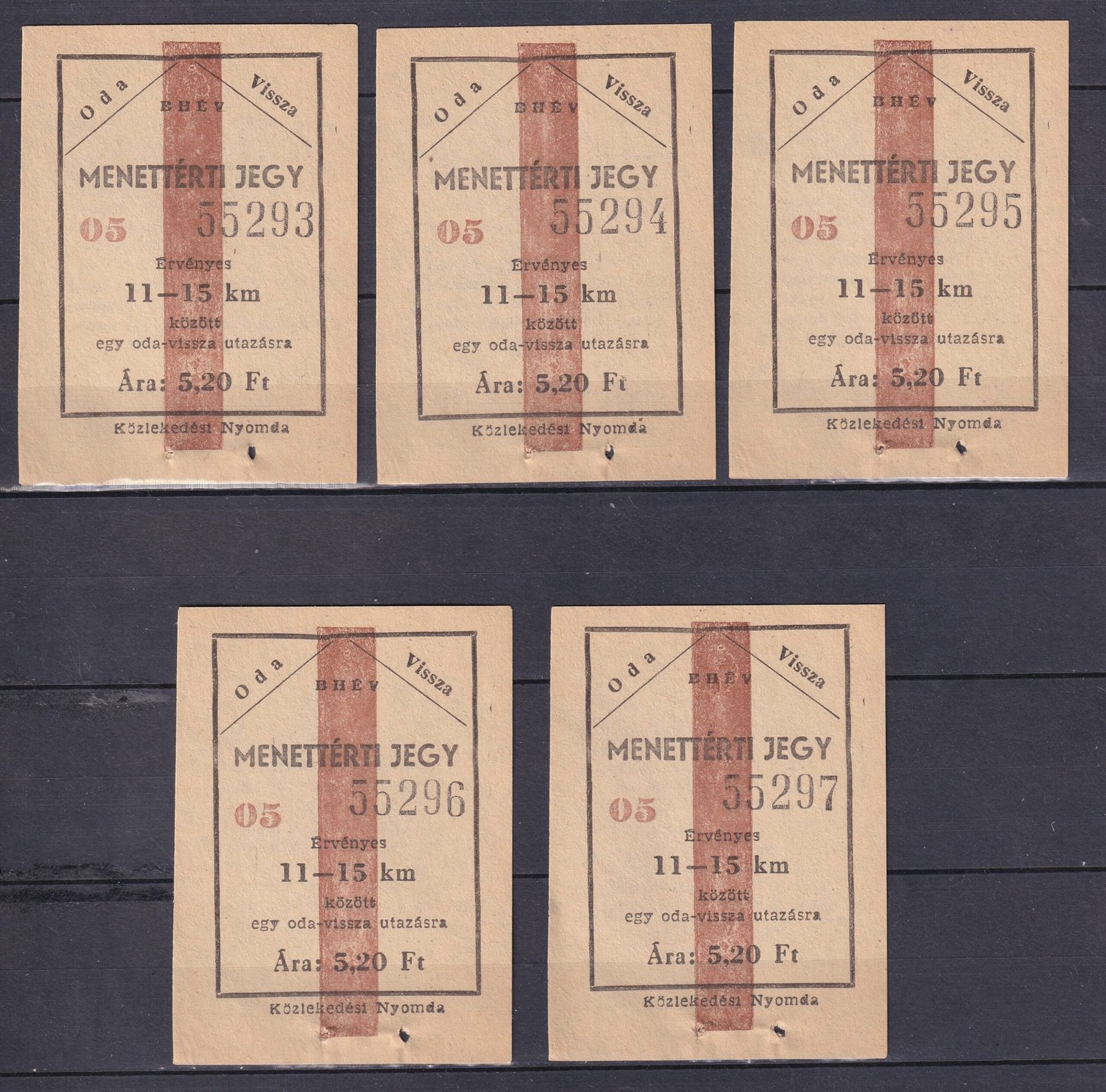 BHÉV 5 db – sorszámkövető használatlan – Menettérti jegy 11-15 km