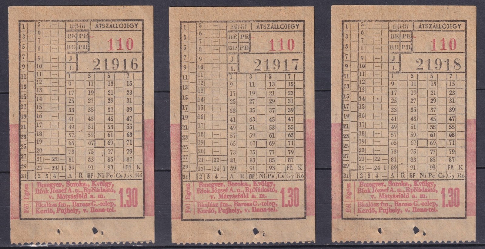 3 db használatlan sorszámkövető – BHÉV-FVV – Menettérti jegy - Nagyon ritka típus!