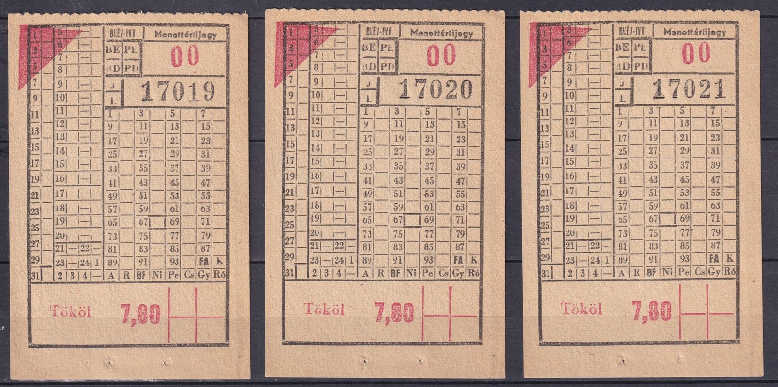 3 db használatlan sorszámkövető - BHÉV-FVV - Menettérti jegy - Tököl