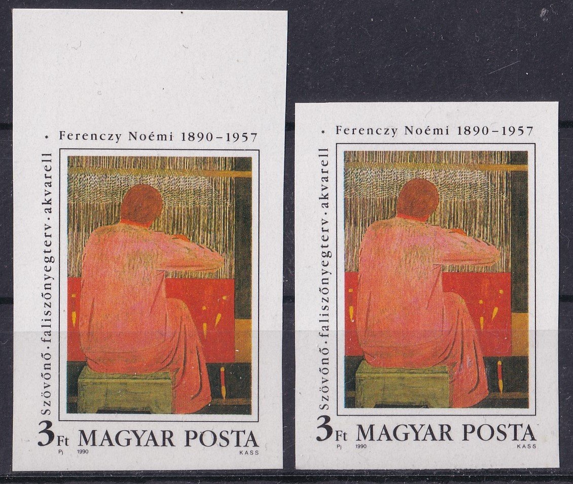 IMG_20251027_0010.2 1990. Ferenczy Noémi 3 Ft - 2 db vágott bélyeg ( ívszél!)