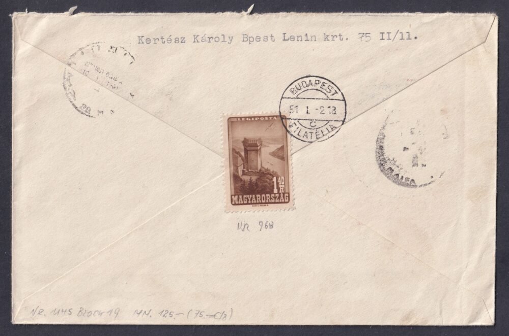 1950. Bélyegnap – „Bem blokk” FDC, díjkiegészített légiposta-küldeményként Izraelbe feladva - érkezési bélyegzéssel