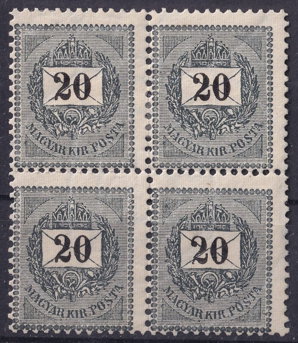 1898. 20 kr sötétszürke, négyes tömb – vízjel torzulás: a kereszt elmozdult.