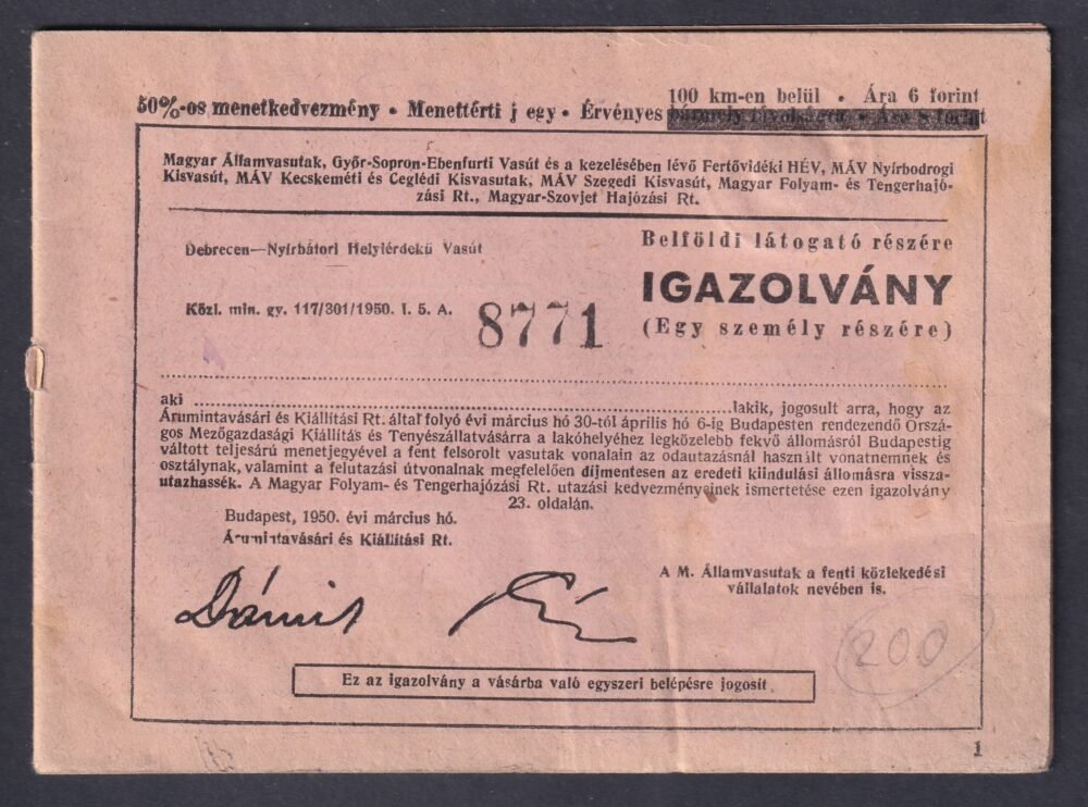 MÁV - 1950. évi Országos Mezőgazdasági Kiállítás és Tenyészállatvásár - IGAZAZOLVÁNY - kezdvezményes jegyegyekkel utalványokkal.