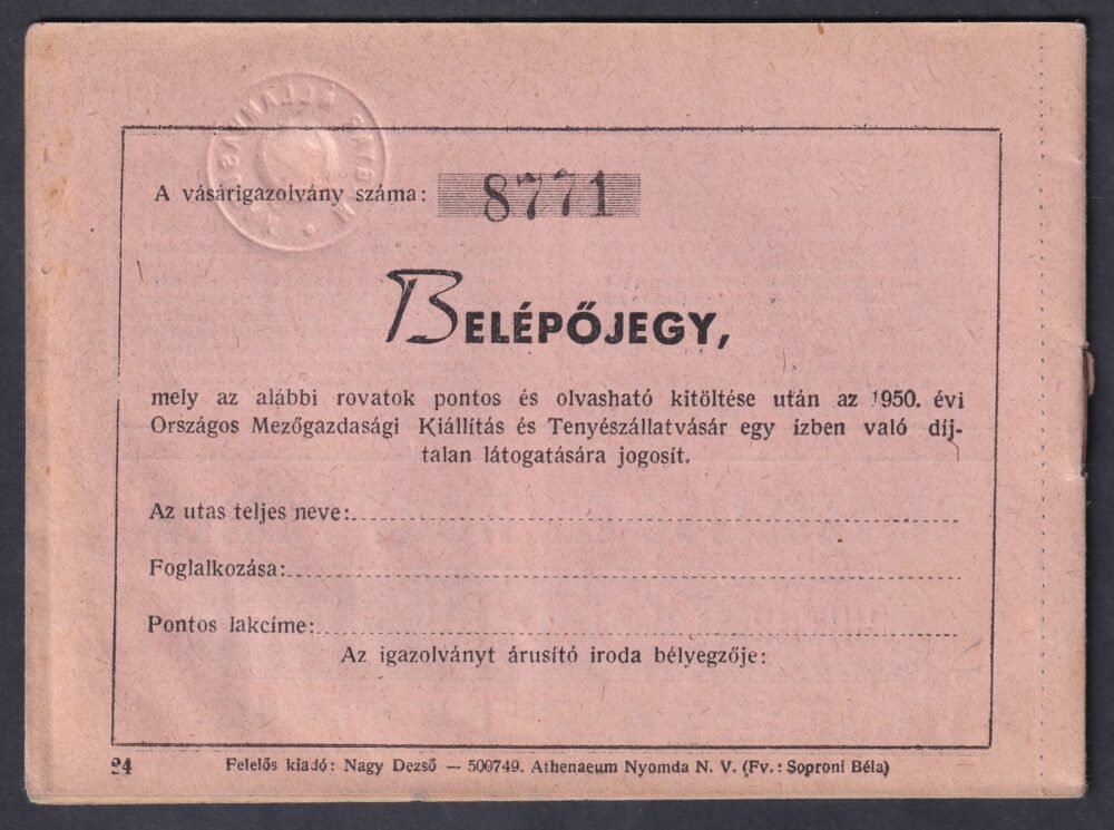 MÁV - 1950. évi Országos Mezőgazdasági Kiállítás és Tenyészállatvásár - IGAZAZOLVÁNY - kezdvezményes jegyegyekkel utalványokkal.