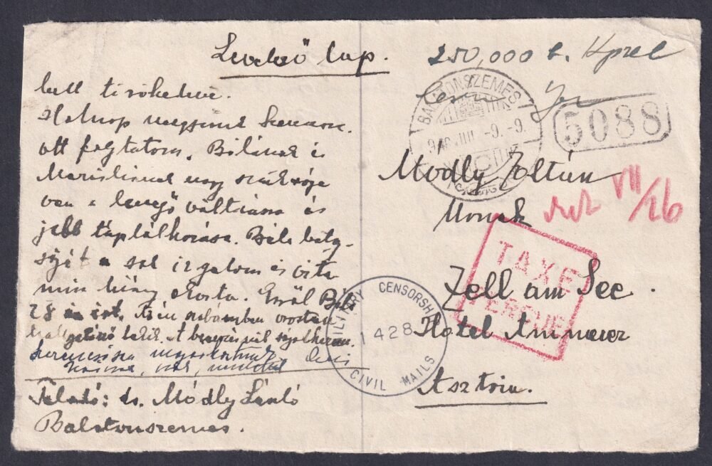 1946. július 9. (23. dsz.) Ausztriába feladott cenzúrázott levelezőlap, 250.000 bP szabályos készpénz bérmentesítéssel - kiállítási darab!