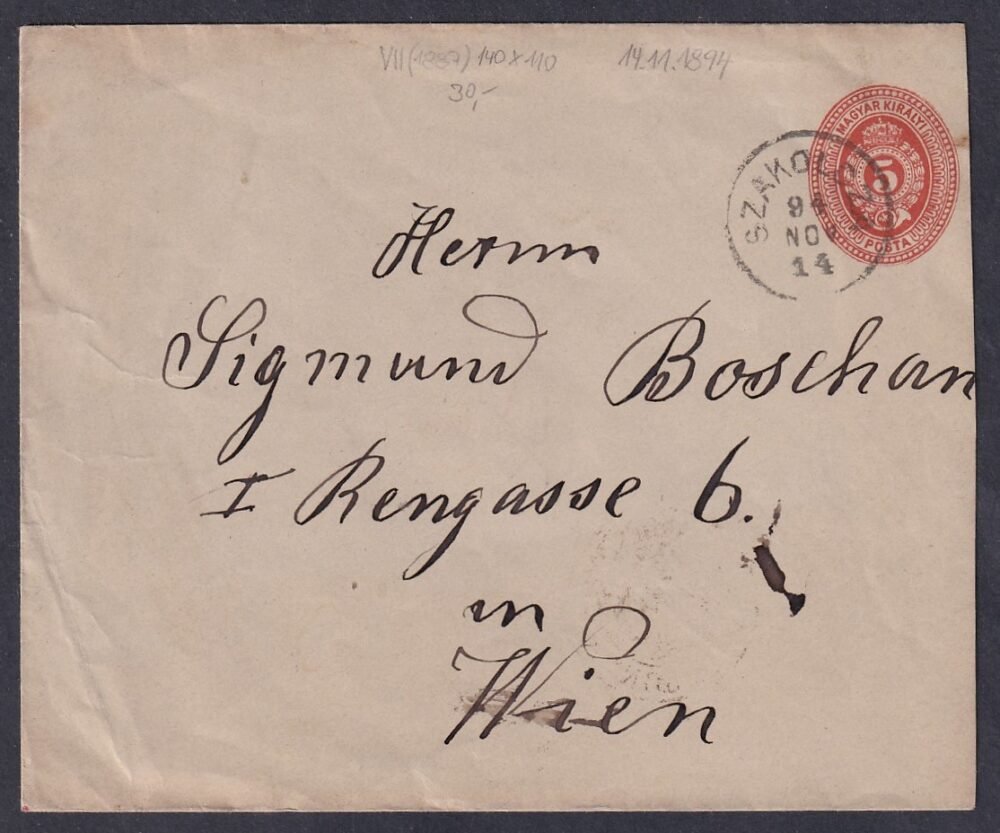 1894. Szakolcza, Bécsbe feladott díjjegyes boríték