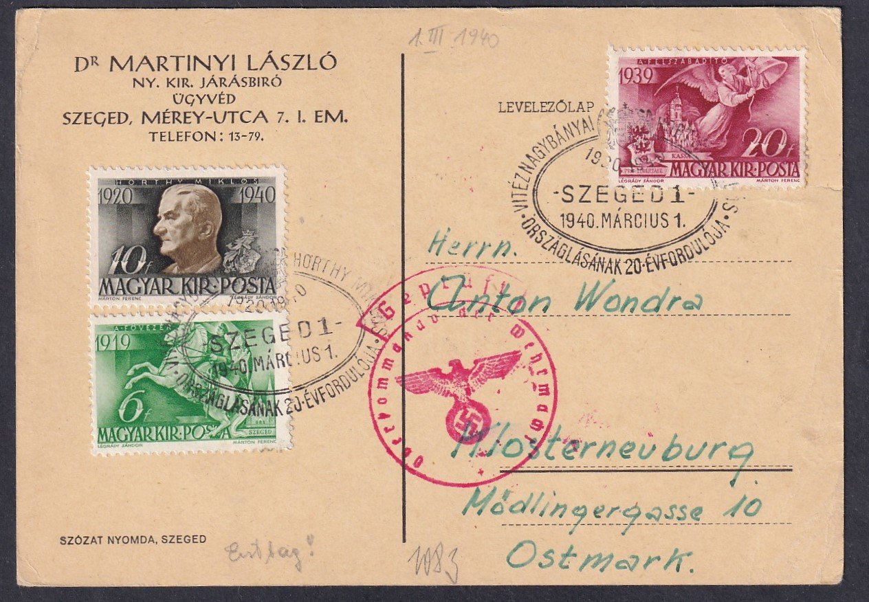 1940. SZEGED (alkalmi bélyegzéssel) Klosterneuburg-ba feladott cenzúrázott levelezőlap