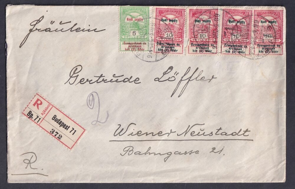 1914. Budapest – Wiener Neustadtba feladott, 2. súlyfokozatú ajánlott levél. A teljes bérmentesítés feláras bélyegekkel történt