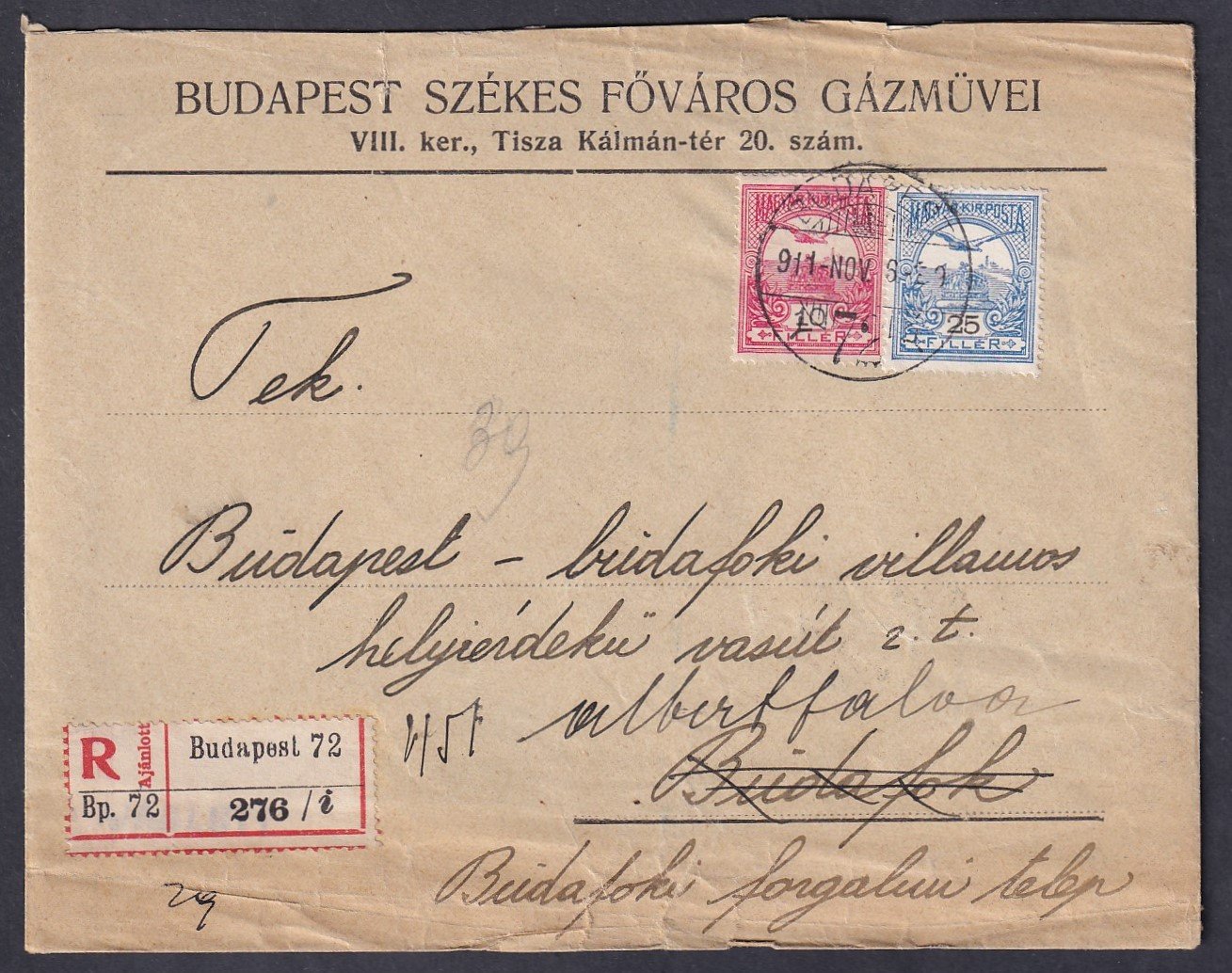 1911. Budafok, helyben feladott ajánlott levél - visszí küldve a feladónak