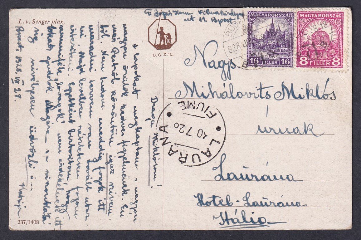 1926. Budapest, Laurána (Lovran-Olasz Királyság)-ba feadott levelezőlap Laurana/Fiume hajó bélyegzéssel