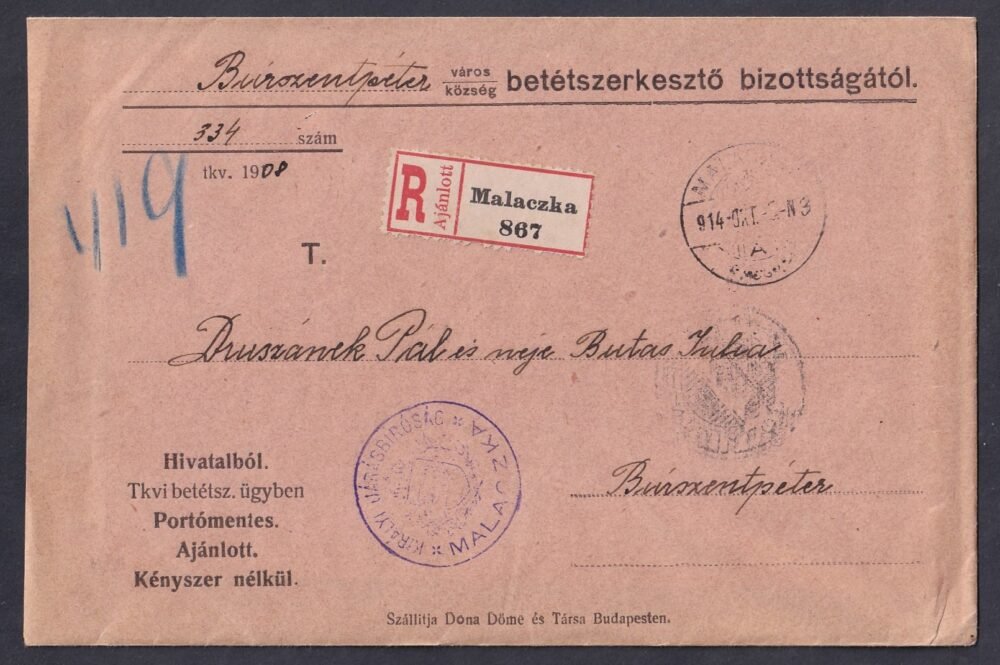 1914. Malaczka, Búcsúszentpéterre feladott portó mentes ajánlott levél, tartalommal