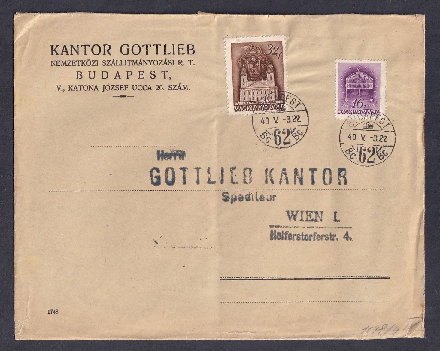 1940. Budapest, Bécsbe feladott cenzúrázott céges levél