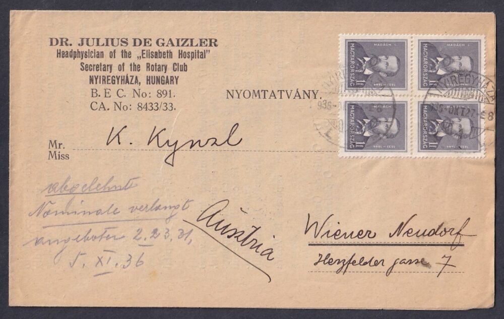 1936. Nyíregyháza, Wiener Neudorf-ba feladott nyomtatvány