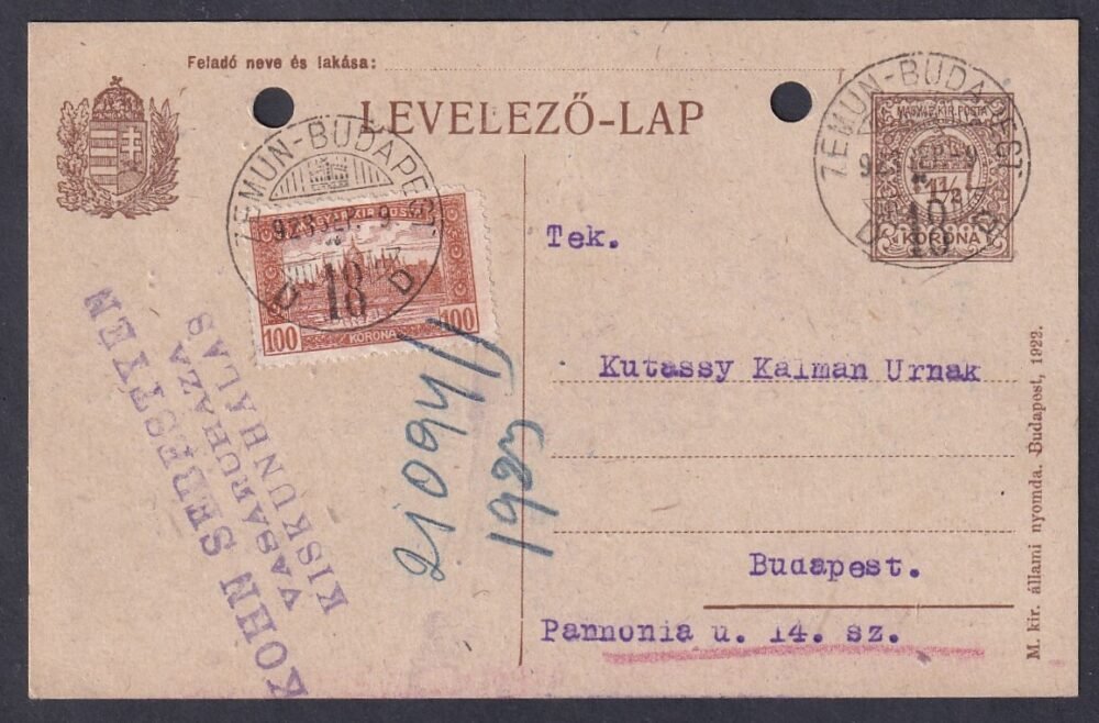 1923. ZEMUN-BUDAPEST/18 mozgóposta bélyegzéssel Budapestre feladott levelezőlap - álvegyes bérmentesítés!