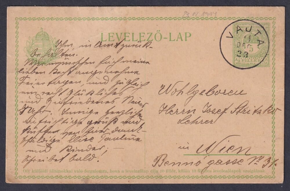 1914. VAJTA, Bécsbe feladott levelezőlap