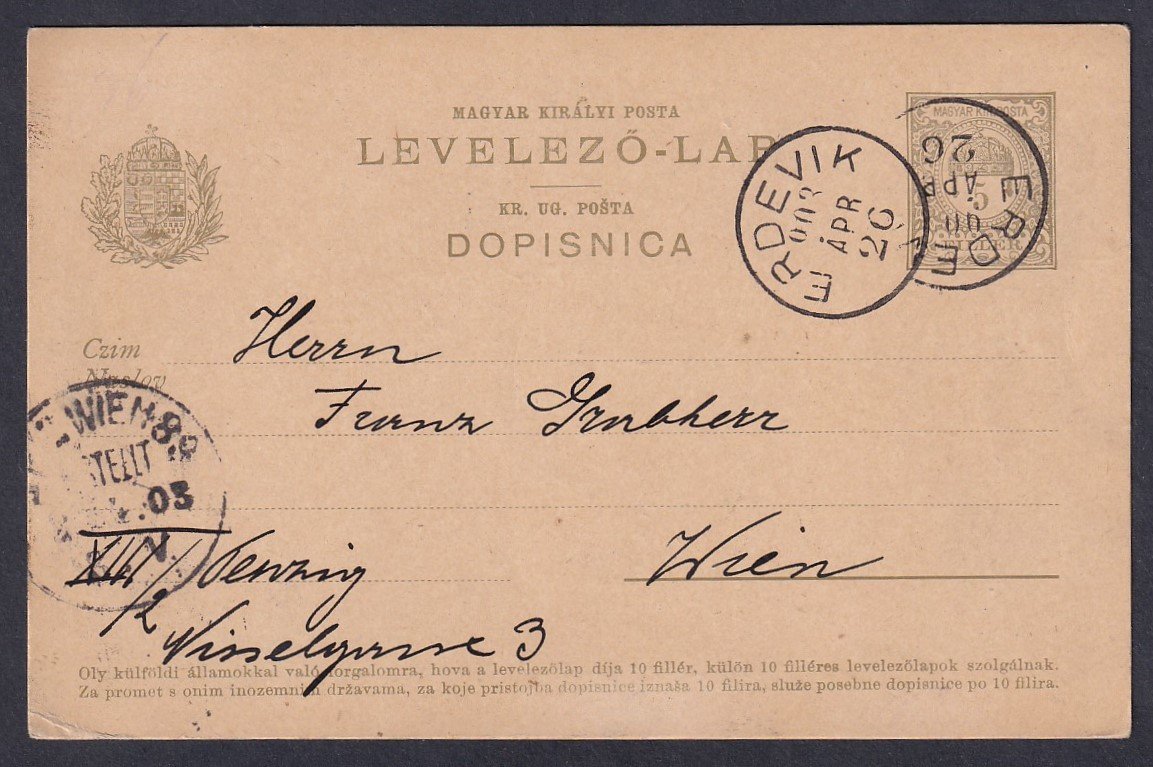 1903. ERDEVIK, Bécsbe feladott magyar-horvát nyelvű levelezőlap