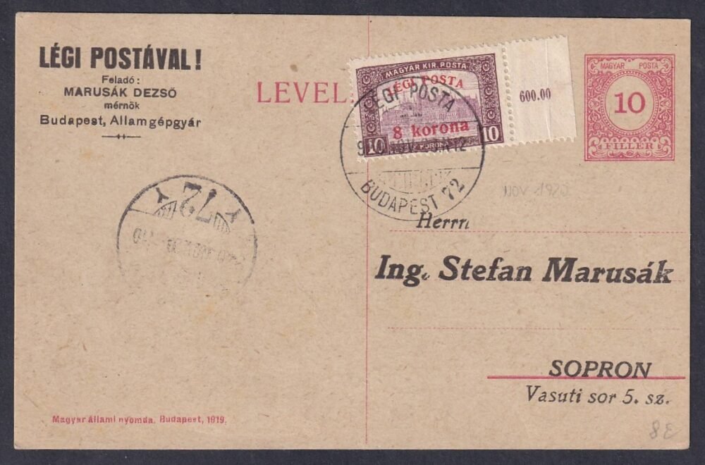 1920. Sopronba feladott légiposta levelezőlap