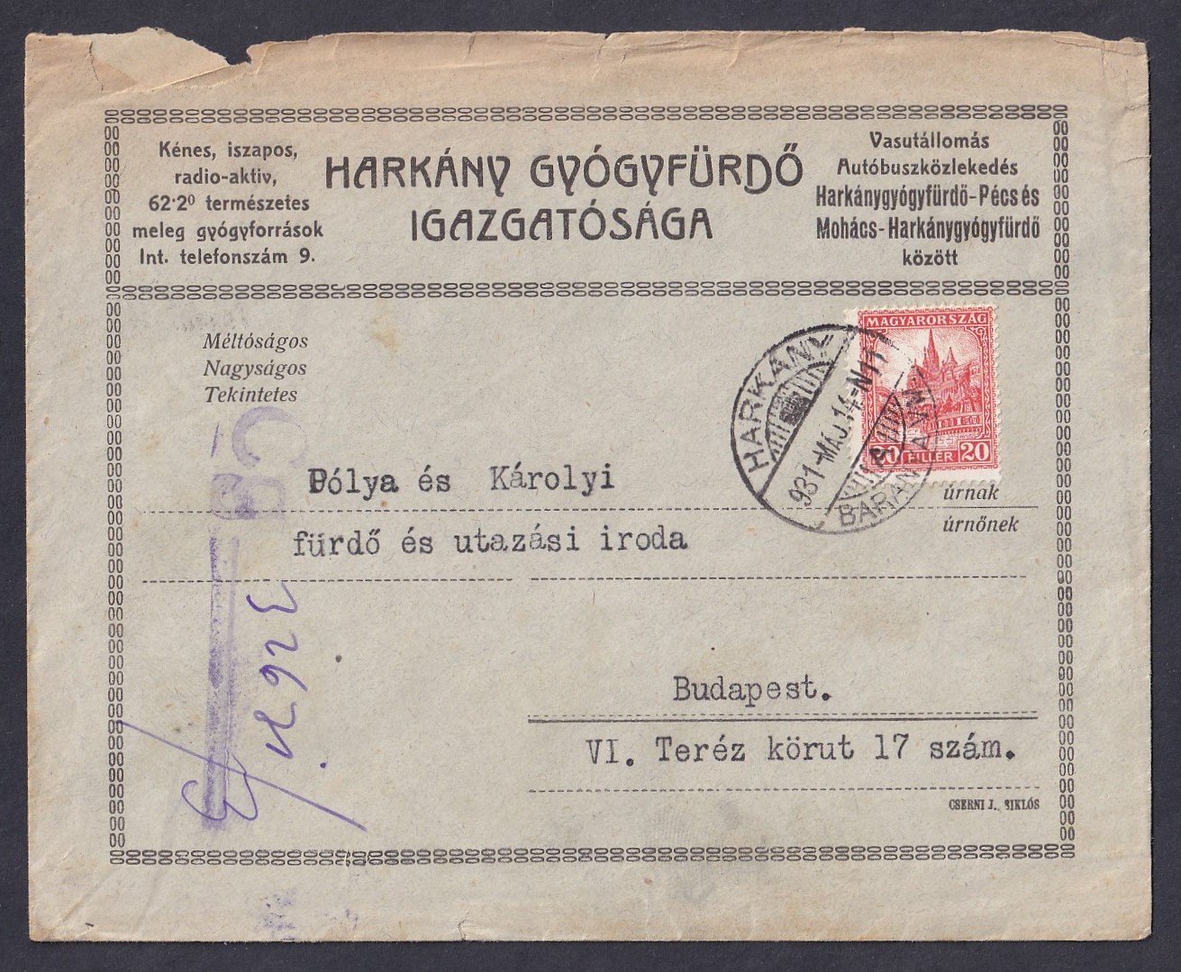 1931. Harkány, Budapestre feladott dekoratív boríték