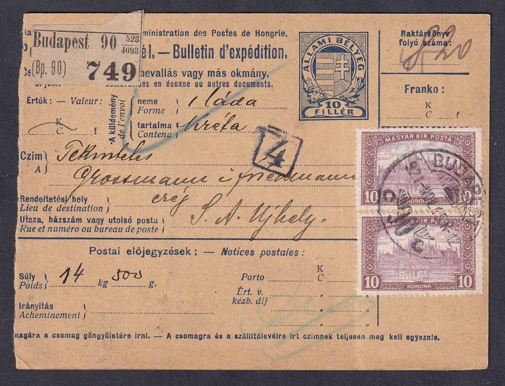 1921. Budapest, Sátoraljaújhelyre feladott szállító levél - 45 K díjtétellel