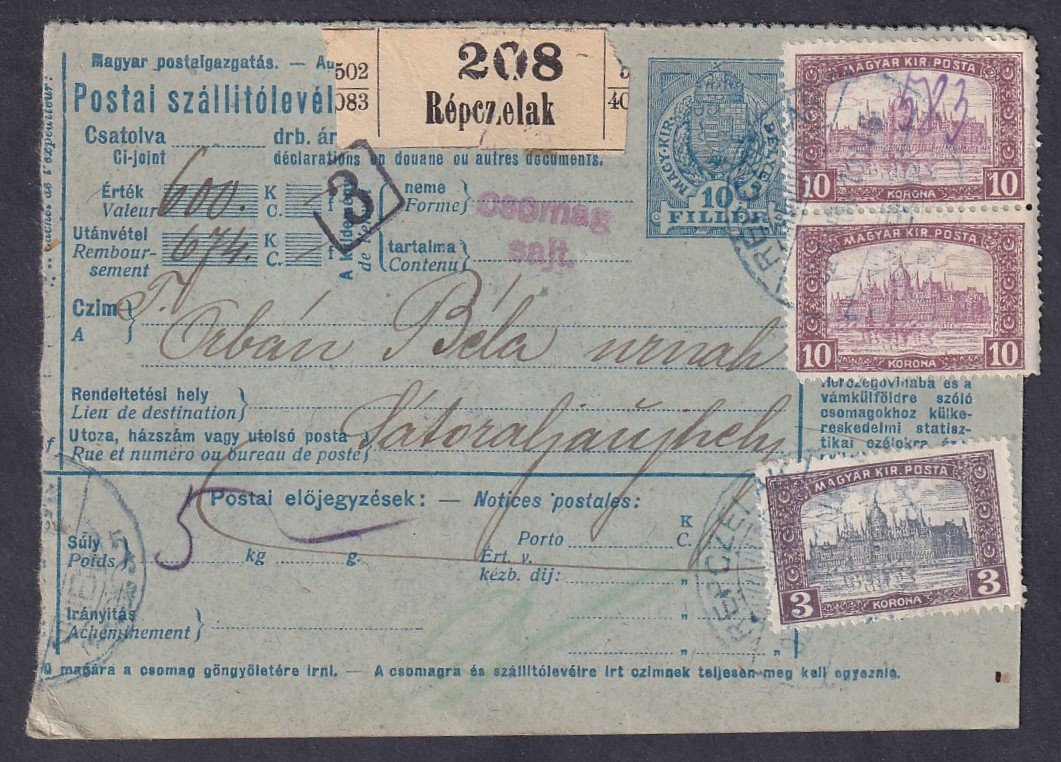 1921. Répczelak, Sátoraljaújhelyre feladott szállító levél – 24 K díjtétellel
