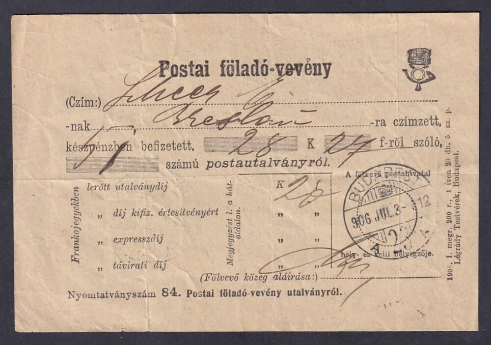 1906. Postai-Feladó-Vevény