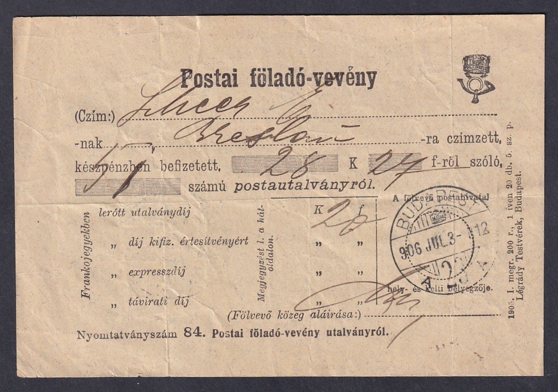 1906. Postai-Feladó-Vevény
