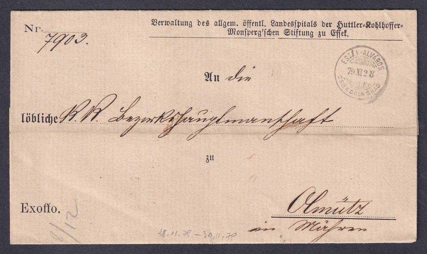 1879. ESZÉK-ALVÁROS / OSIEK DOLN.GRAD, Olmütz-be feladott ex offo levél tartalommal