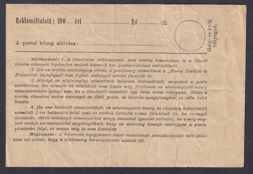 1906. Postai-Feladó-Vevény