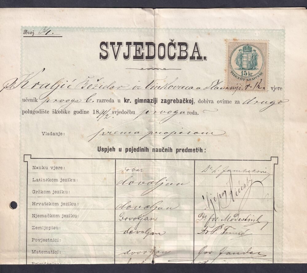Bizonyítvány („Svjedočba”), a Zágrábi Királyi Gimnázium (kr. gimnazija zagrebačka) 1890/91-es tanévben