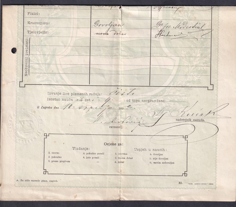 Bizonyítvány („Svjedočba”), a Zágrábi Királyi Gimnázium (kr. gimnazija zagrebačka) 1890/91-es tanévben
