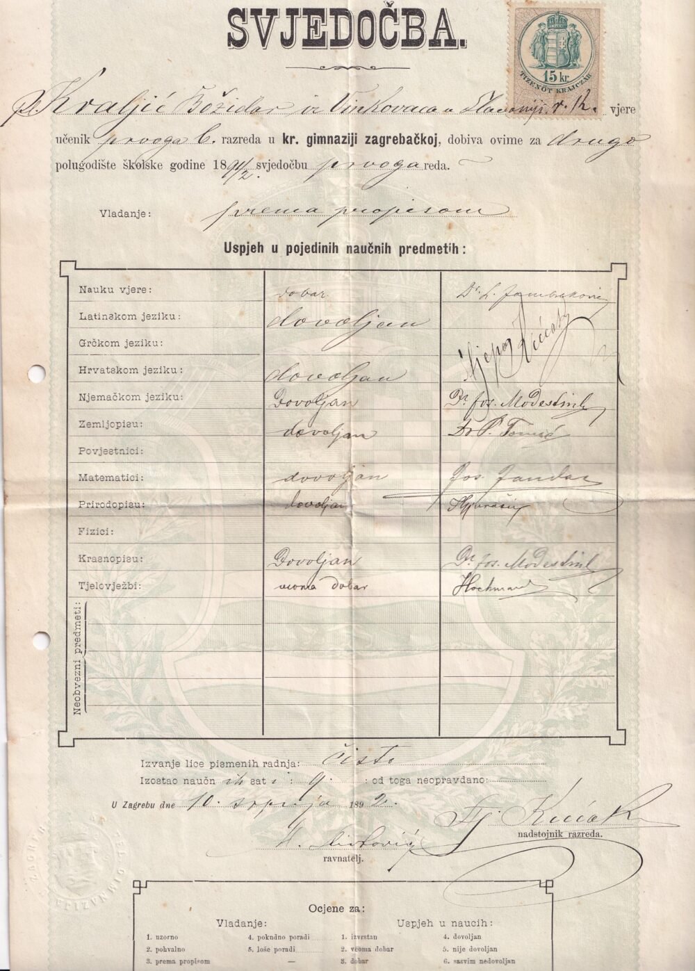 Bizonyítvány („Svjedočba”), a Zágrábi Királyi Gimnázium (kr. gimnazija zagrebačka) 1890/91-es tanévben