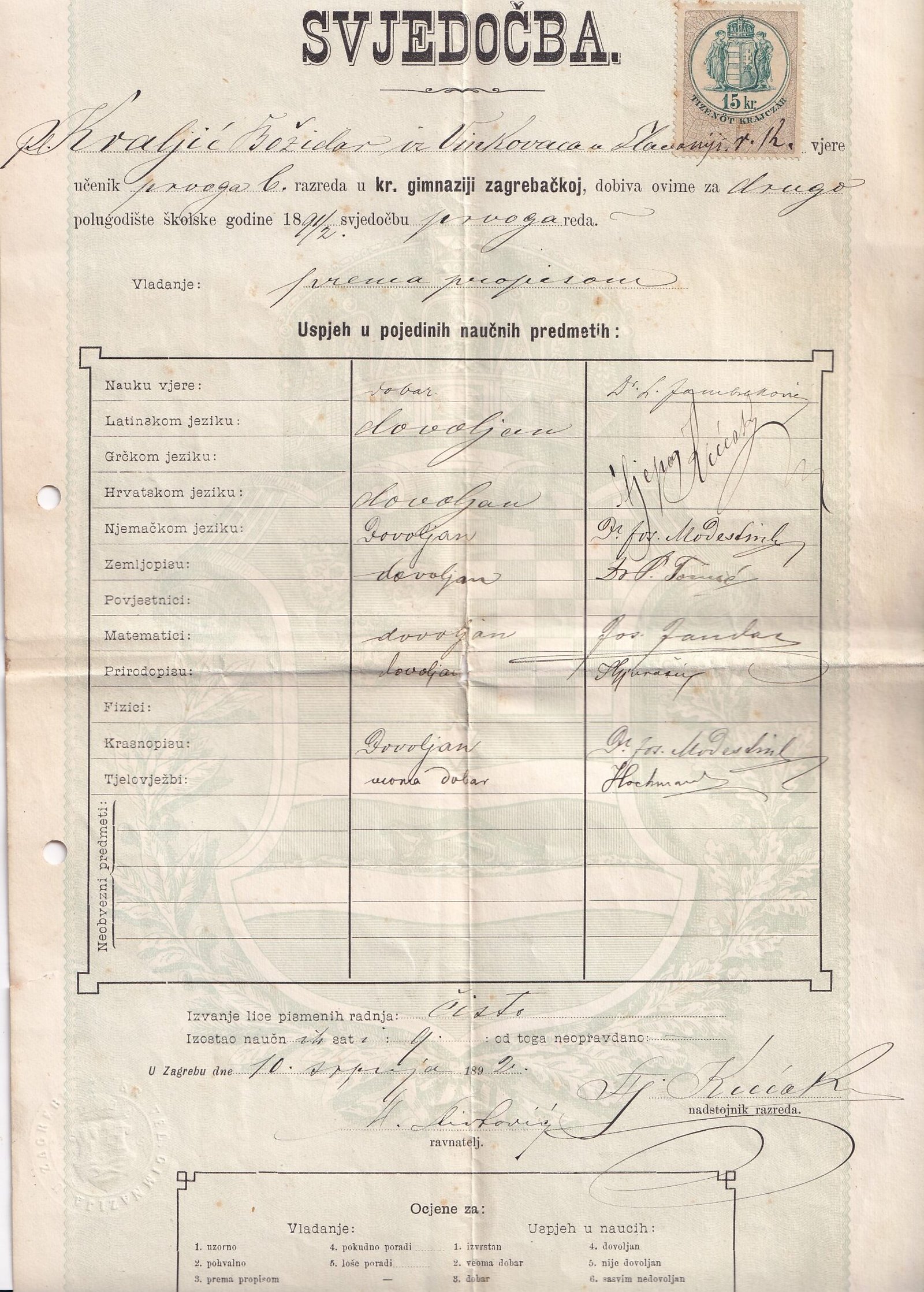 Bizonyítvány („Svjedočba”), a Zágrábi Királyi Gimnázium (kr. gimnazija zagrebačka) 1890/91-es tanévben
