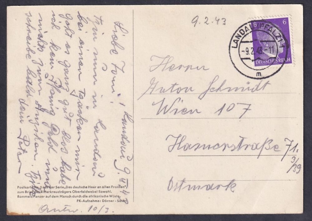 1943. „A” német hadsereg minden fronton” sorozatból származó – futott képeslap