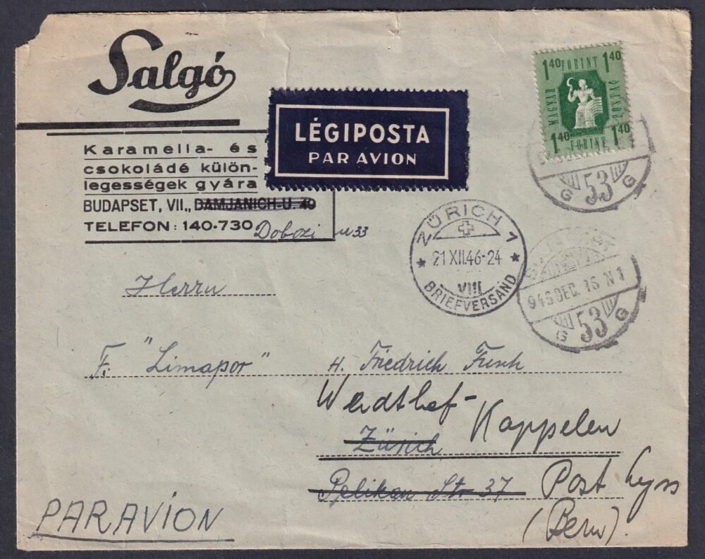 1946. Svájcba feladott légiposta levél - látványos előoldali kezelésekkel