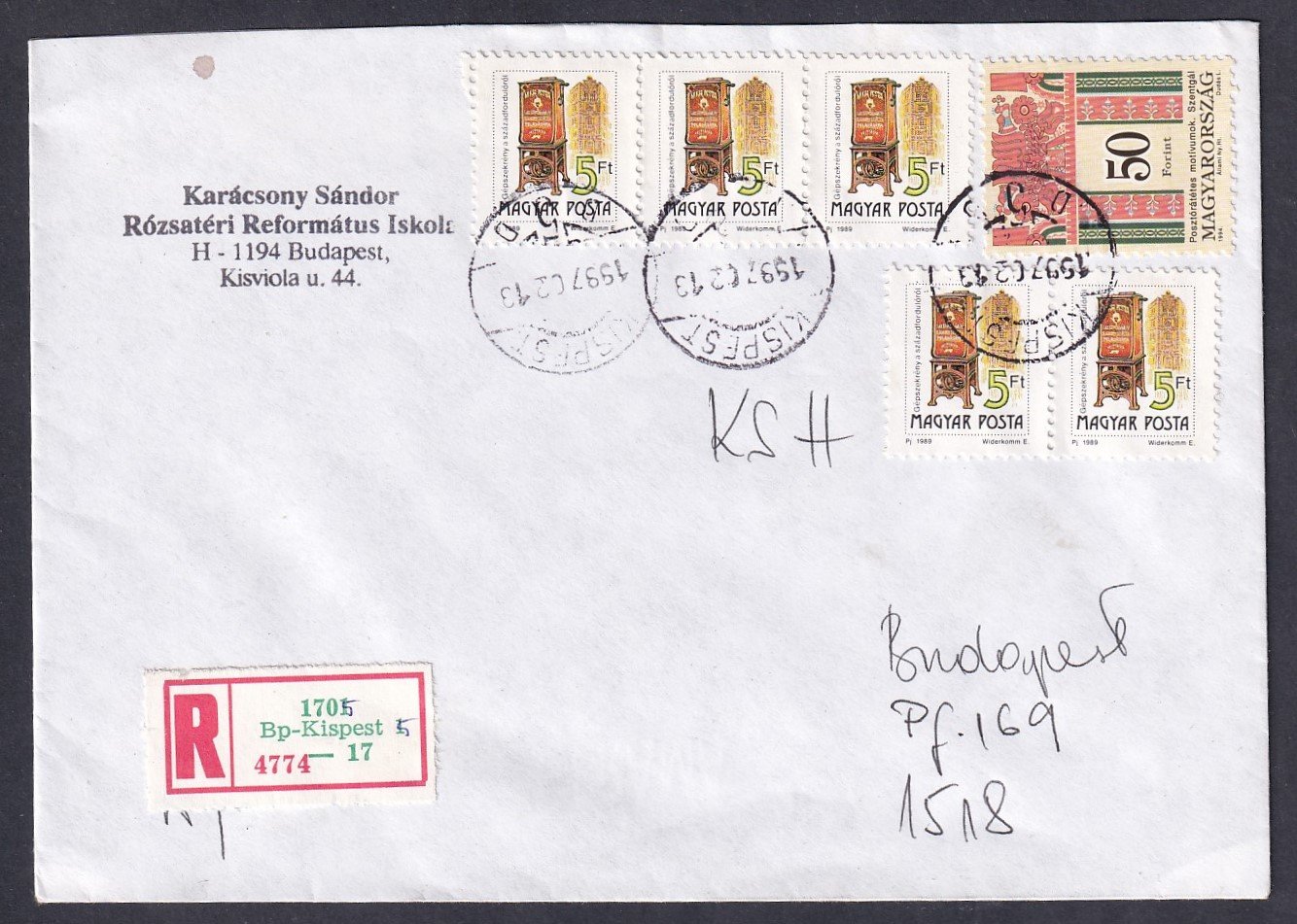 1997. Budapest, helyi ajánlott levél többes-vegyes bérmentesítéssel