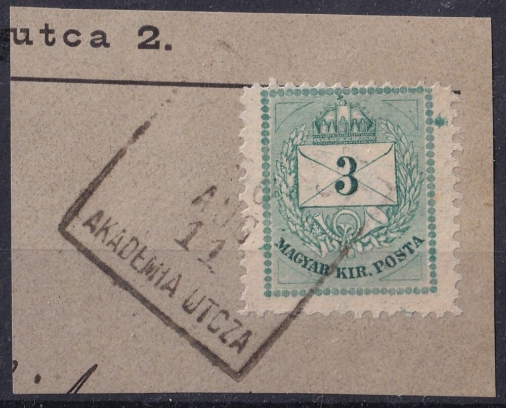 1881. 3kr, szélesre fogazva, nagy festék folttal - BUDAPEST / AKADÉMIA UTCZA /100 pont)