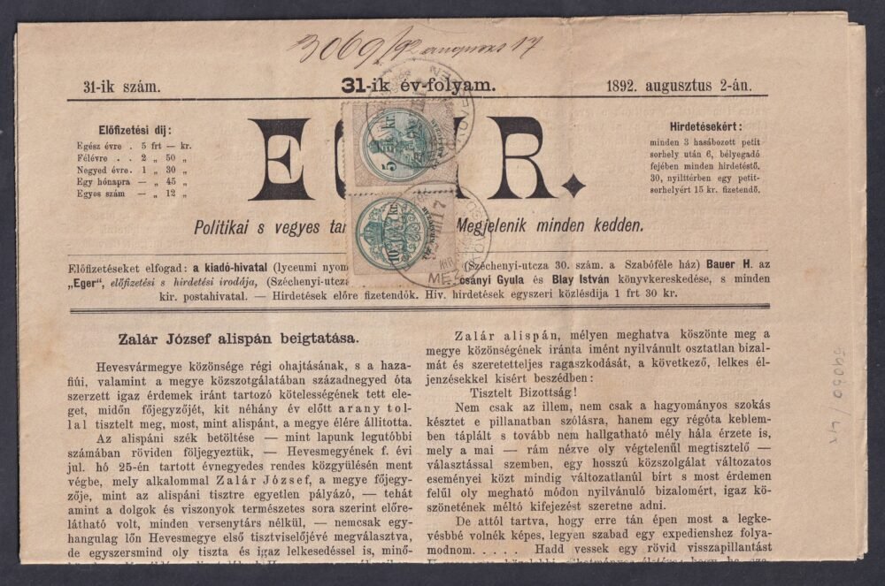 1892. EGER- PolitiKai és vegyes tartalmú hetilap. - 2x10kr Törvénykezési Illetékkel - Mezőkövesd