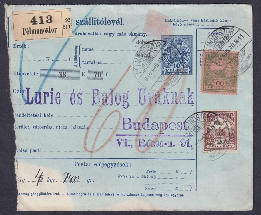 1916. Pálmonostor, Budapestre feladott szállítólevél