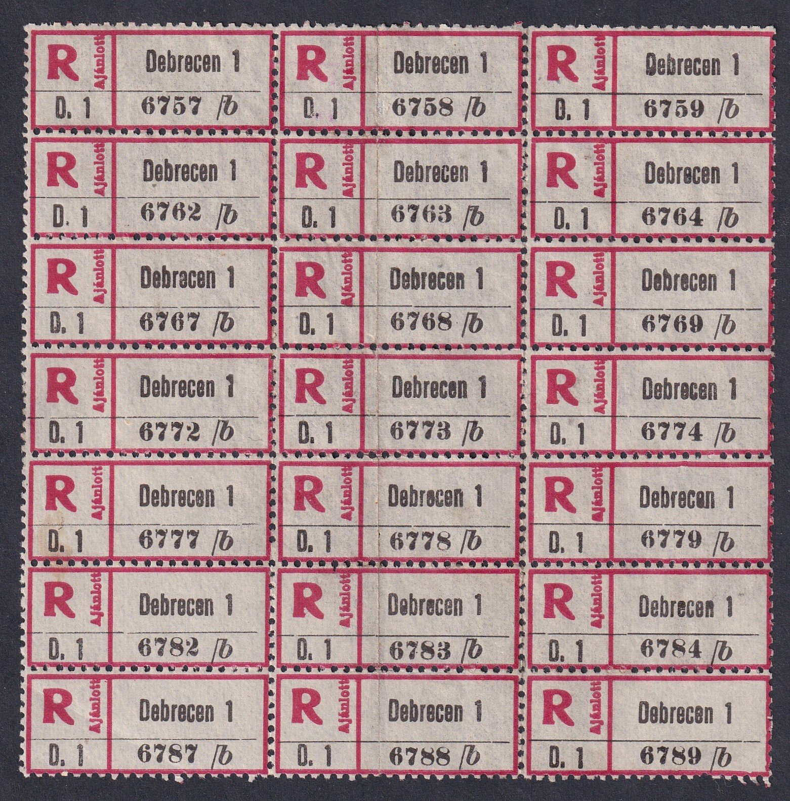 DEBRECEN 1 - Ajánlási ragjegy, 21-darabos tömb