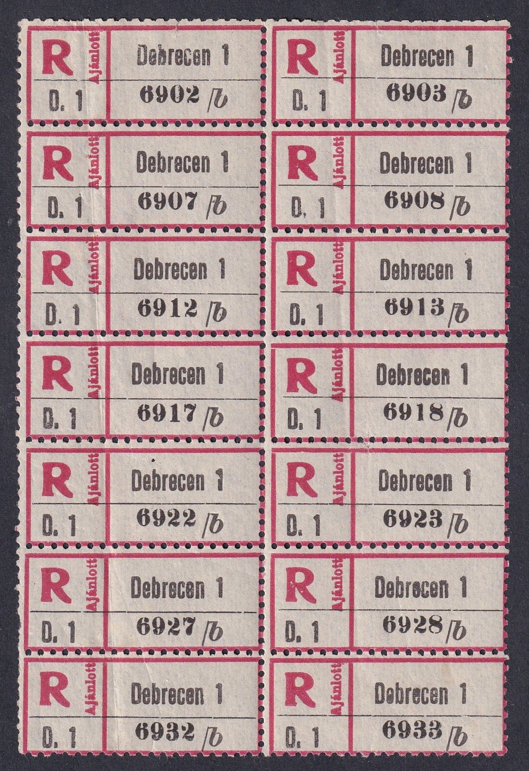DEBRECEN 1 – Ajánlási ragjegy, 14-darabos tömb
