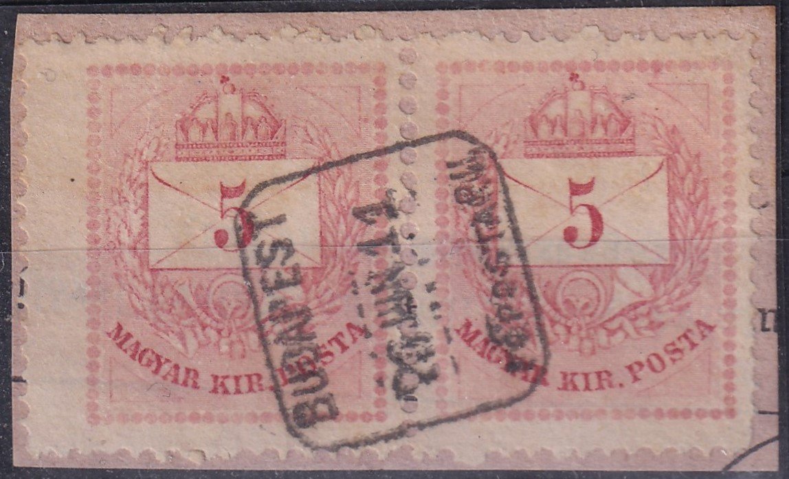1874. 5 kr – párban, eltérő szélességű bélyegekkel (23x25-20x25 mm)